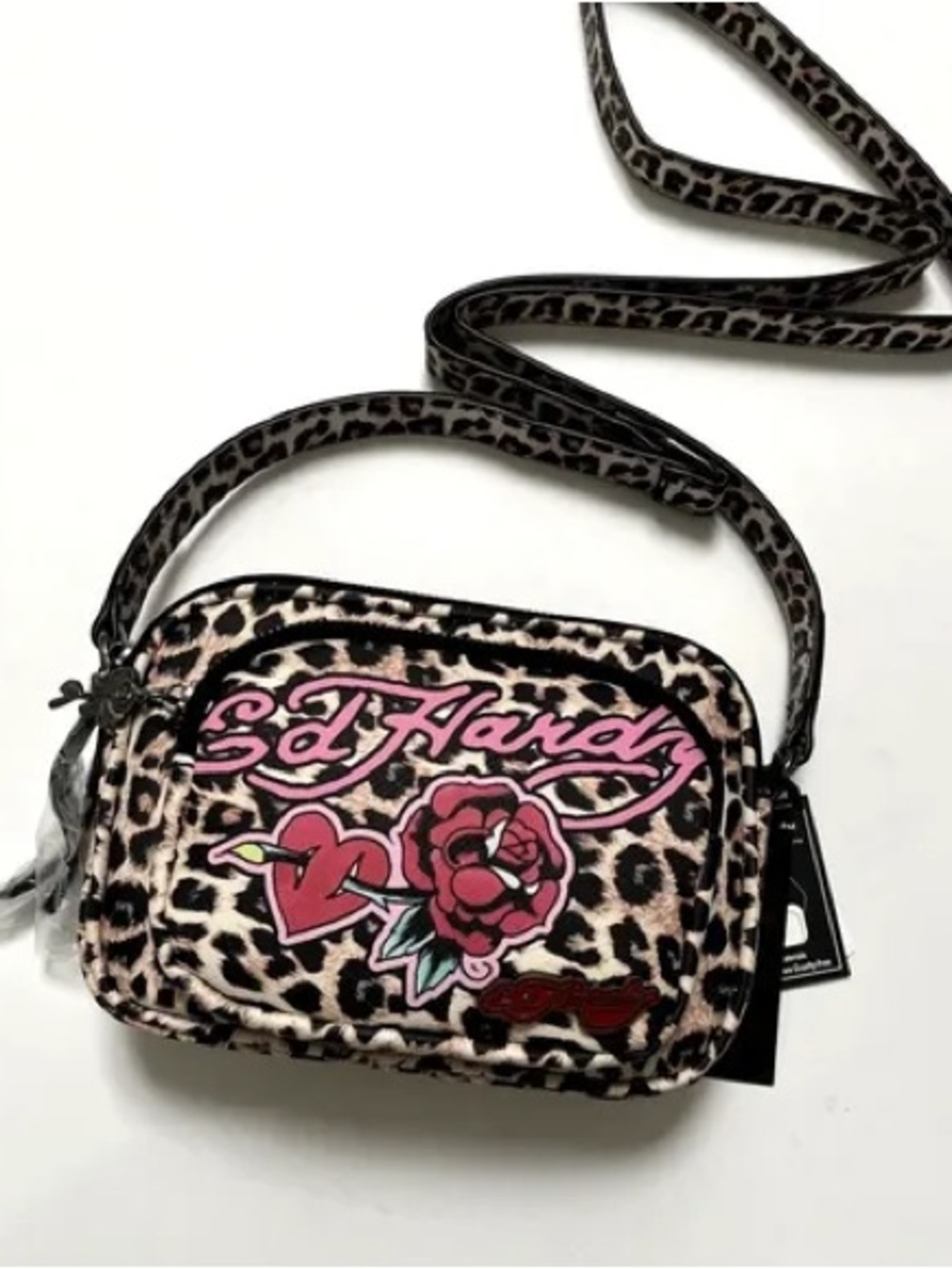 Ed Hardy Leopard Crossbody Bag with Pink Logo and Rose VINTAGE Y2K - Picture 7 of 7